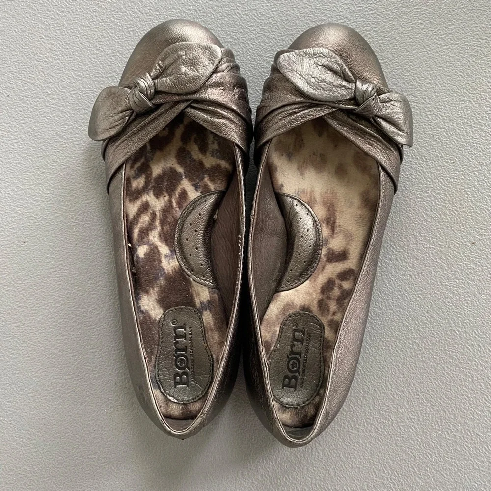 Born Womens Molly Metallic Leather Ballet Flats Size 5 Bow Feminine Shoes Boho